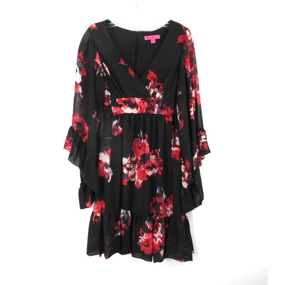 BETSEY JOHNSON Babydoll Midi Dress Women 8 Black Floral Bambi Boho Romantic